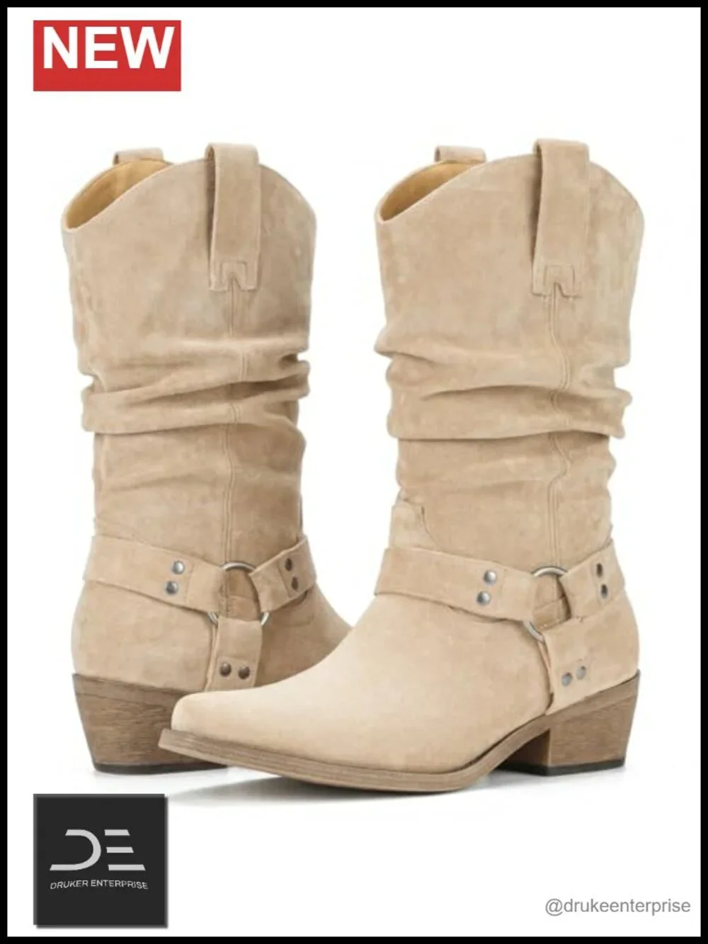 Faux Suede Mid Calf Slouchy Cowgirl Boots for Women Pointed Toe Pull-On